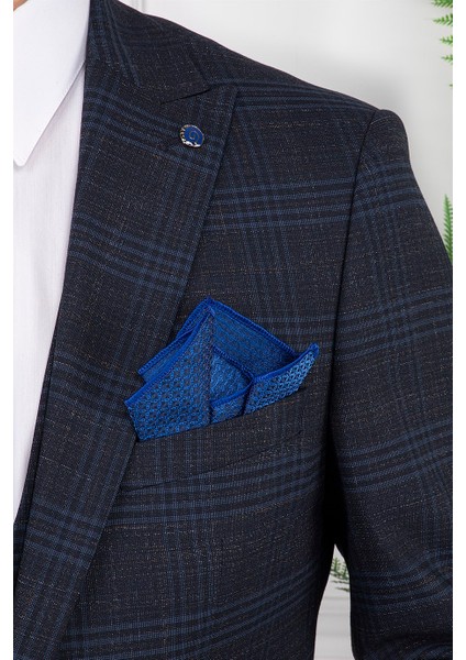 Erkek Slim Fit Sivri Yaka Lacivert Yelekli Takım Elbise