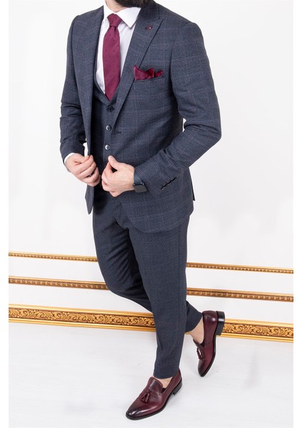 Erkek Slim Fit Sivri Yaka Koyu Lacivert Ekose Kombin Yelekli Takım Elbise