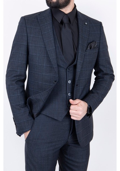 Erkek Slim Fit Sivri Yaka Füme Ekose Kombin Yelekli Takım Elbise fiyatları