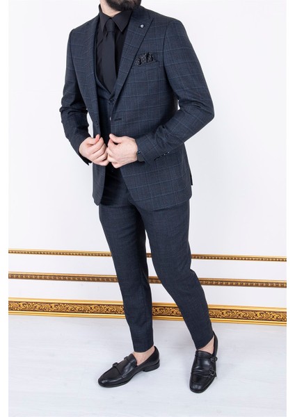 Erkek Slim Fit Sivri Yaka Füme Ekose Kombin Yelekli Takım Elbise modelleri