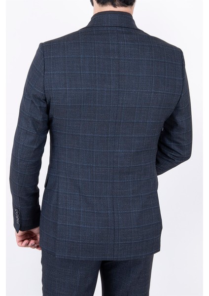 Erkek Slim Fit Sivri Yaka Füme Ekose Kombin Yelekli Takım Elbise indirimleri