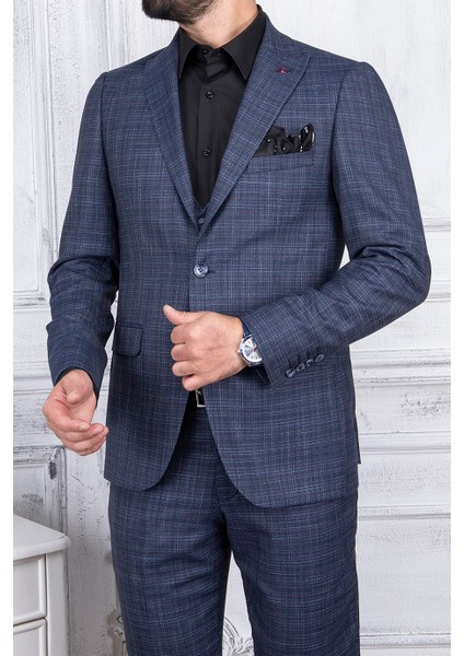 Erkek Slim Fit Sivri Yaka Açık Lacivert Yelekli Takım Elbise