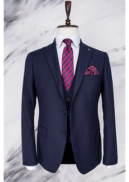 Erkek Slim Fit Sivri Yaka Lacivert Yelekli Takım Elbise fiyatları