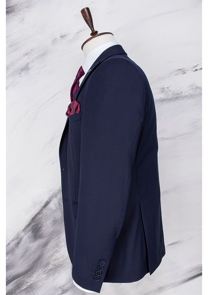 Erkek Slim Fit Sivri Yaka Lacivert Yelekli Takım Elbise fırsatları