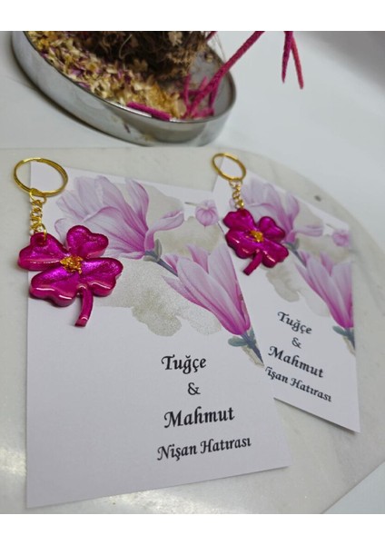 Pembe Kartlı Yonca Epoksi Anahtarlık Söz, Nişan, Nikah, Yeni Doğan, Düğün 20 Adet