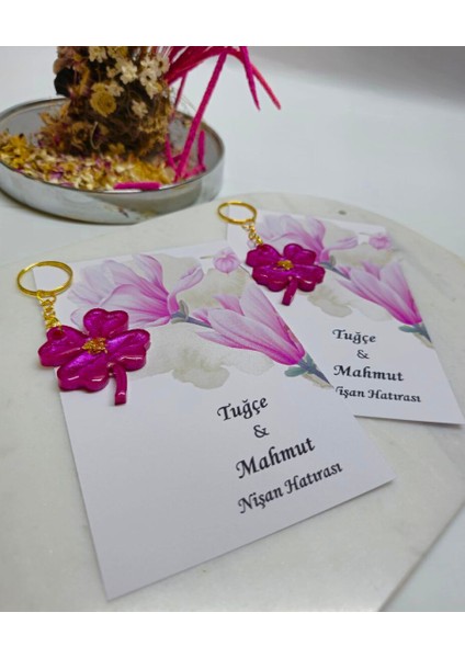 Pembe Kartlı Yonca Epoksi Anahtarlık Söz, Nişan, Nikah, Yeni Doğan, Düğün 20 Adet