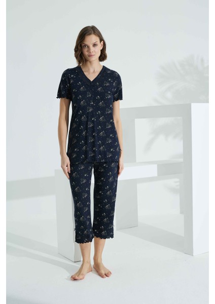 Angelique Bambu Kumaş Kısa Kol Dantel Detaylı Kadın Kapri Takım 22256