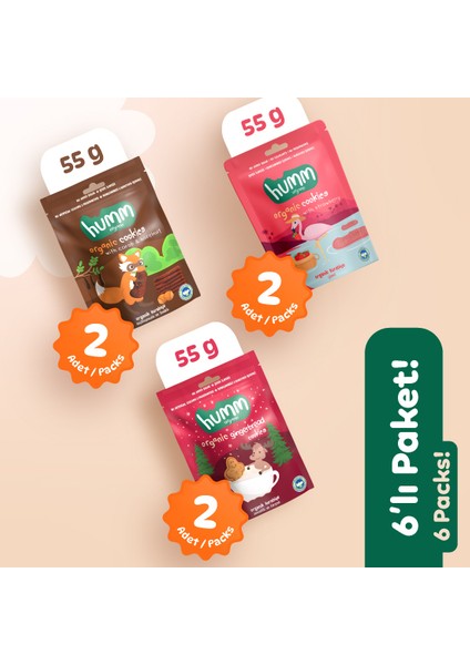 Organik Vegan Zencefilli Keçiboynuzlu ve Çilekli Tatlı Kurabiyeler Atıştırmalık Paketi - 6 Adet (3 Çeşit)