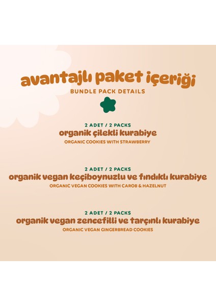 Organik Vegan Zencefilli Keçiboynuzlu ve Çilekli Tatlı Kurabiyeler Atıştırmalık Paketi - 6 Adet (3 Çeşit)