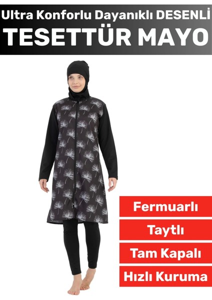 Premium Yüksek Kalite Konforlu Fermuarlı Tam Kapalı Yüzücü Deniz Havuz Desenli Taytlı Tesettür Mayo