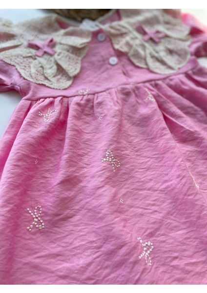 Dantel Yaka Detaylı Pembe kız Çocuk Elbisesi