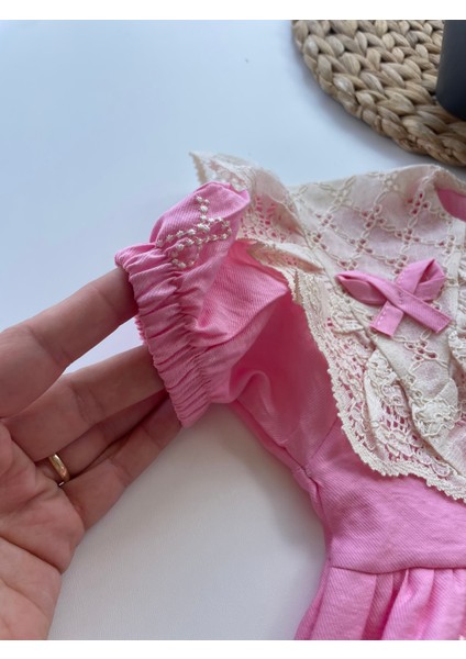 Dantel Yaka Detaylı Pembe kız Çocuk Elbisesi modelleri