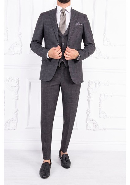 Erkek Slim Fit Sivri Yaka Gri Ekose Yelekli Kombin Takım Elbise