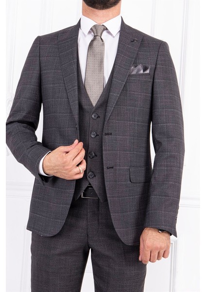 Erkek Slim Fit Sivri Yaka Gri Ekose Yelekli Kombin Takım Elbise fiyatları