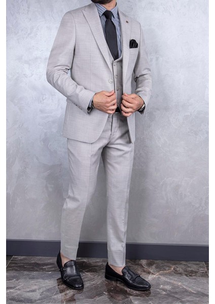 Erkek Slim Fit Sivri Yaka Açık Bej Yelekli Takım Elbise fiyatları