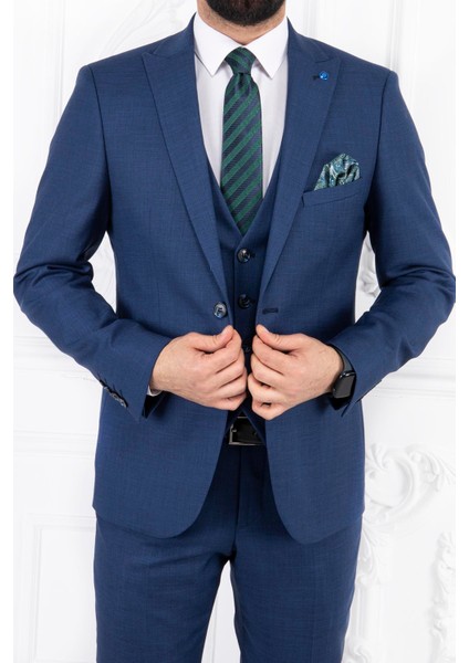 Erkek Slim Fit Sivri Yaka Parlament Yelekli Takım Elbise