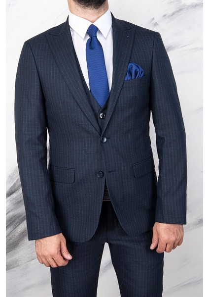 Erkek Slim Fit Sivri Yaka Lacivert Çizgili Yelekli Takım Elbise fiyatları