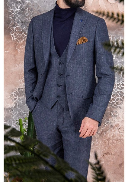 Erkek Slim Fit Sivri Yaka Açık Lacivert Çizgili Yelekli Takım Elbise fiyatları