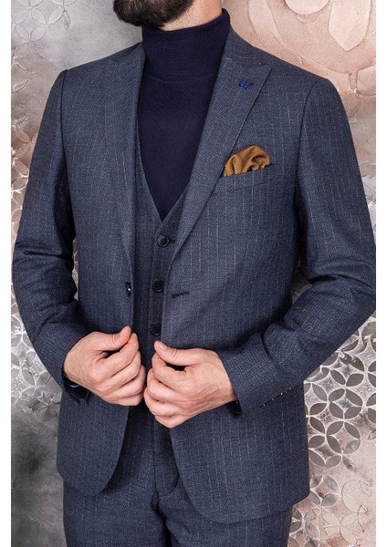 Erkek Slim Fit Sivri Yaka Açık Lacivert Çizgili Yelekli Takım Elbise fırsatları