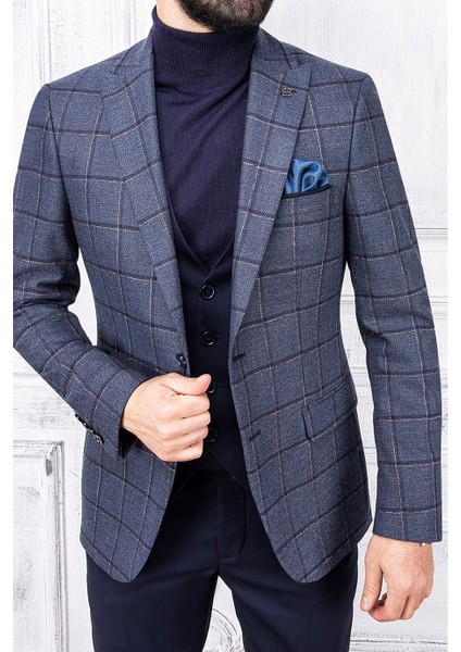 Erkek Slim Fit Sivri Yaka Ekose Yelekli Lacivert Kombin Takım Elbise