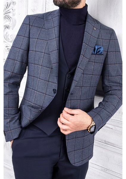 Erkek Slim Fit Sivri Yaka Ekose Yelekli Lacivert Kombin Takım Elbise