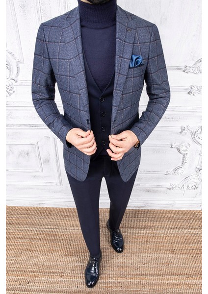 Erkek Slim Fit Sivri Yaka Ekose Yelekli Lacivert Kombin Takım Elbise