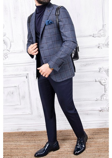 Erkek Slim Fit Sivri Yaka Ekose Yelekli Lacivert Kombin Takım Elbise