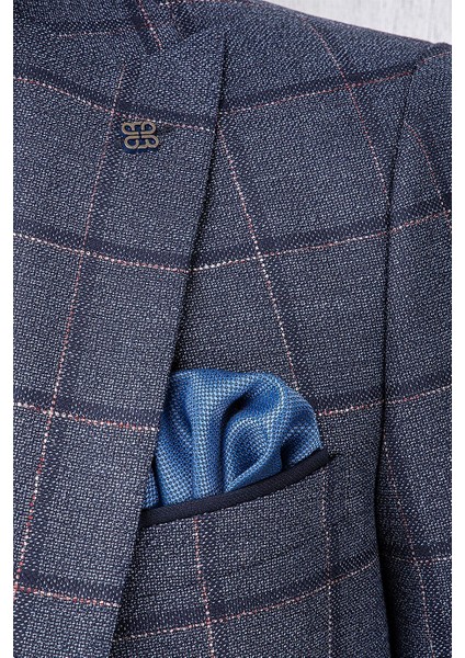Erkek Slim Fit Sivri Yaka Ekose Yelekli Lacivert Kombin Takım Elbise
