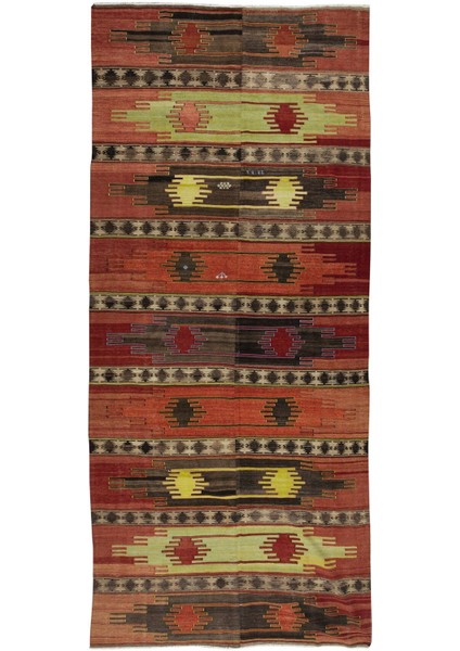 194 x 426 cm Eski El Dokuma Ethnik Yolluk Kilim. Rustik Düz Dokuma Koridor Kilimi. Yün