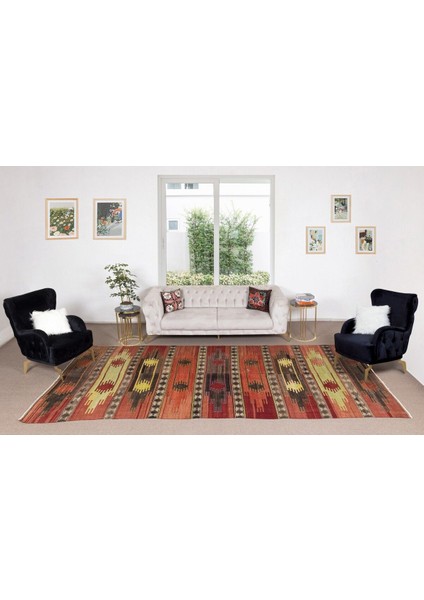 194 x 426 cm Eski El Dokuma Ethnik Yolluk Kilim. Rustik Düz Dokuma Koridor Kilimi. Yün