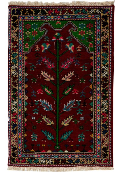 90 x 137 cm Bordo, Bej, Mavi ve Pembe Renkli Eski El Yapımı Halısı, El Düğümlü Halı