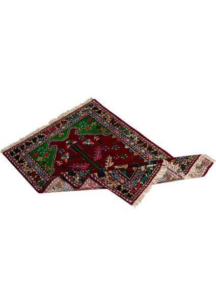 90 x 137 cm Bordo, Bej, Mavi ve Pembe Renkli Eski El Yapımı Halısı, El Düğümlü Halı indirimleri