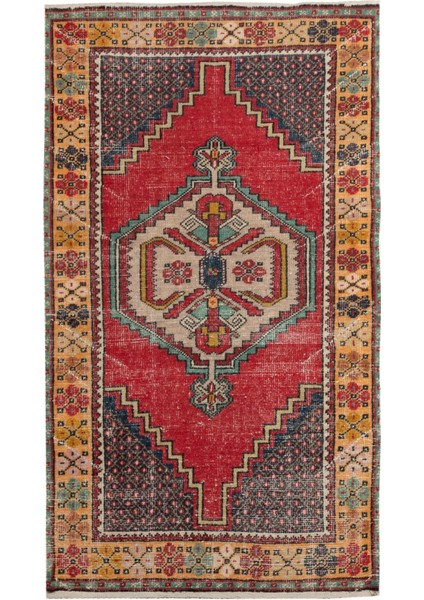 107X183 cm Canlı ve Sıcak Renklerde Eski El Dokuma Yünlü Halı, El Yapımı Halı