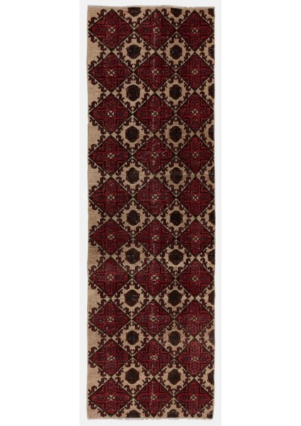 84 x 280 cm Kırmızı, Bej, Kahverengi ve Lacivert El Yapımı Eski Türk Yolluk Halısı
