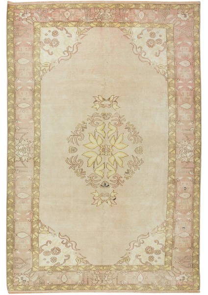 198 x 302 cm Güneşte Soldurulmuş Eski El Yapımı Türk Uşak Yün Alan Halı, Otantik 2000'LERDEN Halı