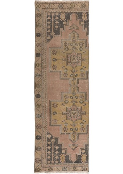 80 x 265 cm 20.yüzyılın Ortalarından El Düğümlü Yolluk Halısı. Eski El Yapımı Türk Halısı