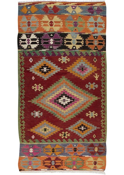 150 x 291 cm El Dokuması Geometrik Desenli Eski Kilim. Yünden Yapıldı