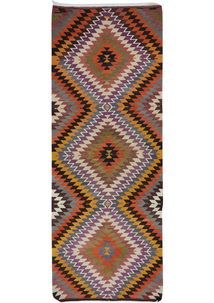 147 x 378 cm Renkli El Dokuma Türk Kilimi, Yünden Yapılmıştır, Elmas Desenli Eski Yolluk Halı