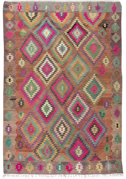 193 x 268 cm Çok Renkli Geometrik Desenli Eski El Yapımı Kilim. Vintage Halı. Yünden Yapılmıştır