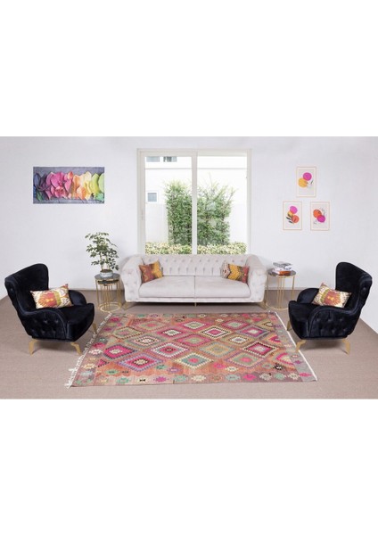 193 x 268 cm Çok Renkli Geometrik Desenli Eski El Yapımı Kilim. Vintage Halı. Yünden Yapılmıştır fiyatları