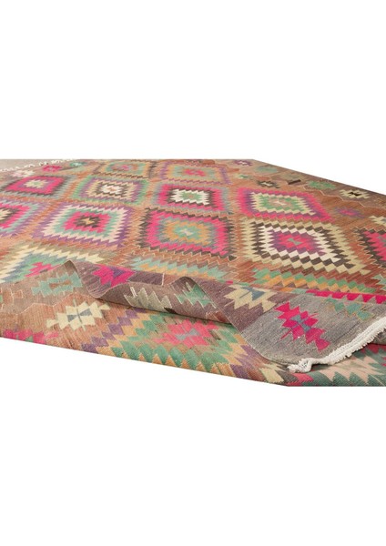 193 x 268 cm Çok Renkli Geometrik Desenli Eski El Yapımı Kilim. Vintage Halı. Yünden Yapılmıştır modelleri