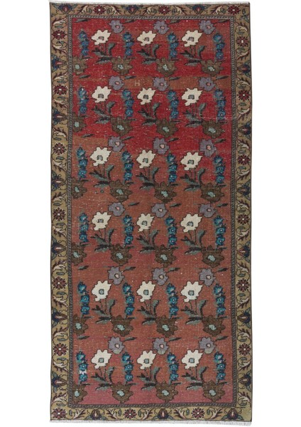 117 x 255 cm Kırmızı ve Bej Eski El Yapımı Çiçek Desenli Halı