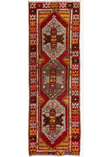 80 x 257 cm Kırmızı Eski Tribal El Dokuma Yün Türk Yolluk Halısı
