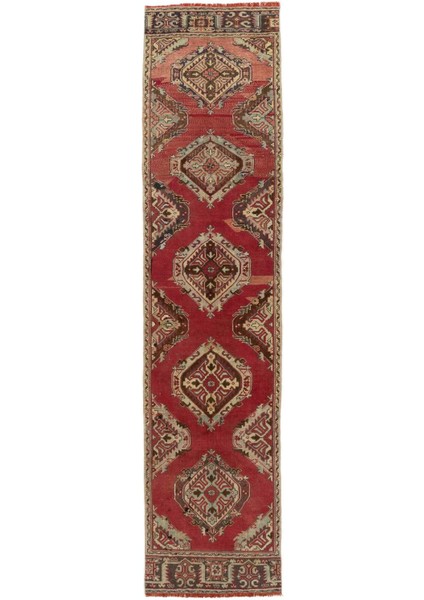 97 x 412 cm Tuğla Kırmızısı Tonda Eski El Yapımı Yolluk Halı. Koridor Için El Düğümlü Yün Halı