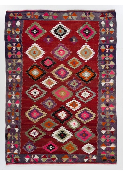 190 x 260 cm Çok Renkli Eski Anadolu Kilimi, Geleneksel Düz Dokuma Halı