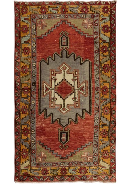 95 x 168 cm Geometrik Madalyonlu Eski El Düğümlü Halı, El Yapımı Halı
