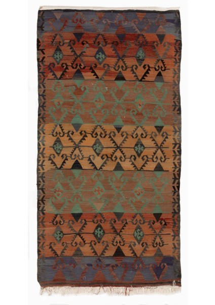 105 x 187 cm Geometrik Tasarımlı Eski Yolluk Kilim. Düz Dokuma Mutfak Kilimi. Koridor Kilimi Yün