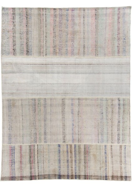 280 x 370 cm Pastel Renkli Çizgili Eski El Dokuma Kilim, Pamuk Çaput