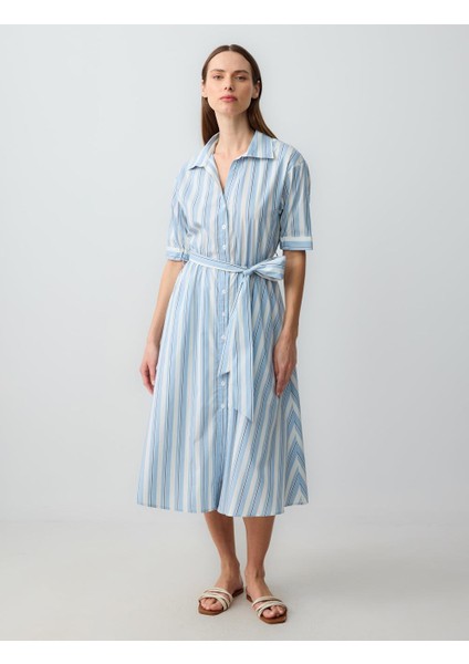 Mavi Gömlek Yaka Dirsek Kol Çizgili Midi Dokuma Elbise