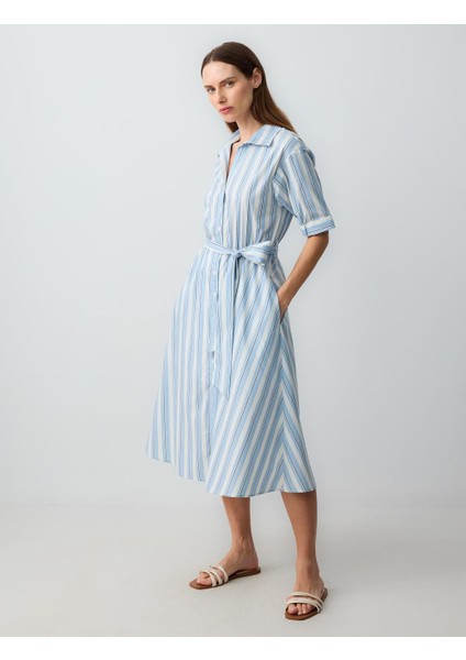 Mavi Gömlek Yaka Dirsek Kol Çizgili Midi Dokuma Elbise fiyatları